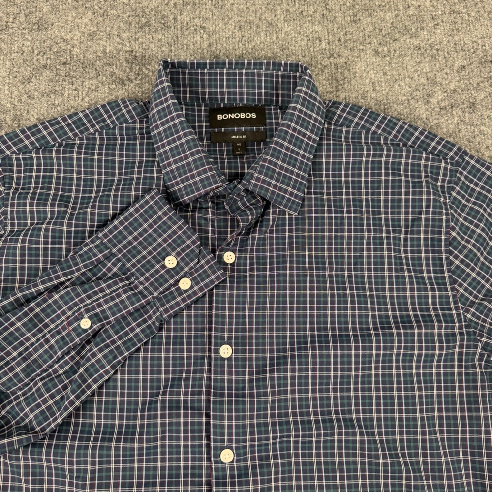 Bonobos Men L Athletic Fit Plaid Button Down Shirt Blue Green Performance Nylon
